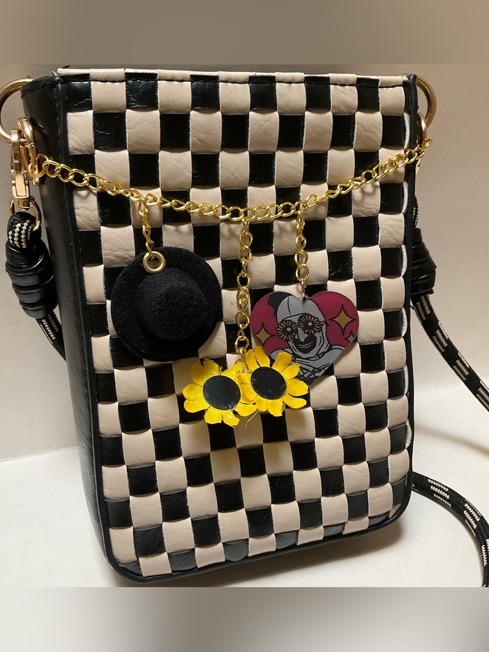 The Terrifier Bag Charms Black Checkered Crossbody Bag Clown Horror Halloween